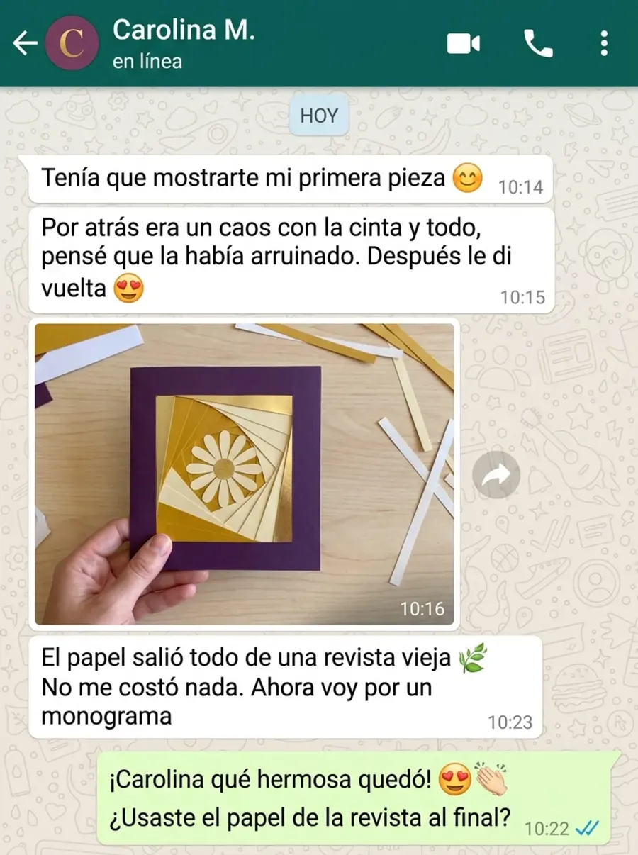 Captura de WhatsApp: Carolina muestra su primera pieza