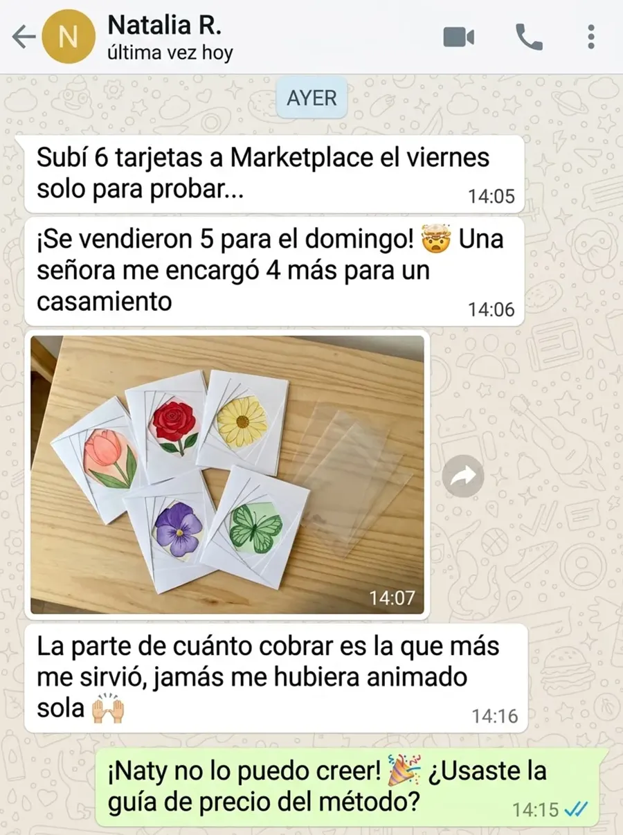 Captura de WhatsApp: Natalia vendió 5 tarjetas en Marketplace